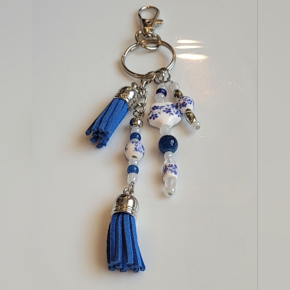 Hand Crafted Accessories - New Blue and White Beaded Keychain with Tassels